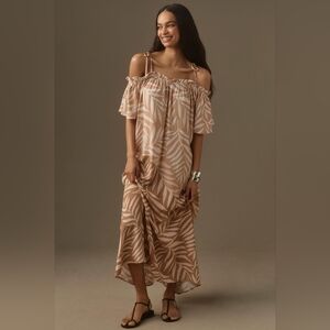 Anthropologie - Conditions Apply Printed Tie-Strap Kaftan in Khaki Leaf Motif